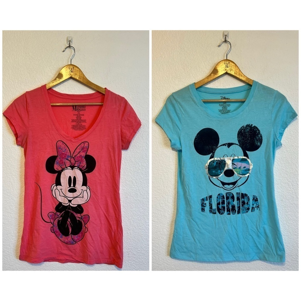 Disney Juniors Large T-Shirt Bundle Pink Mini Mouse Blue Mickey Short Sleeve
